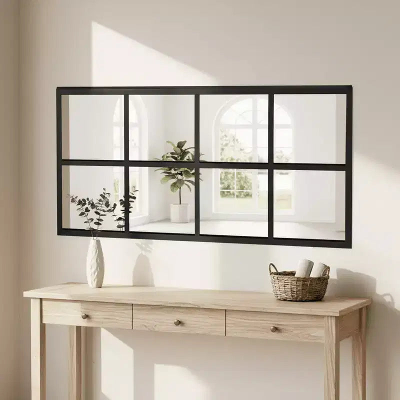 Miroir mural minimaliste JIONJOY avec cadre en métal noir, miroir décoratif de style fenêtre, miroir d'entrée incassable