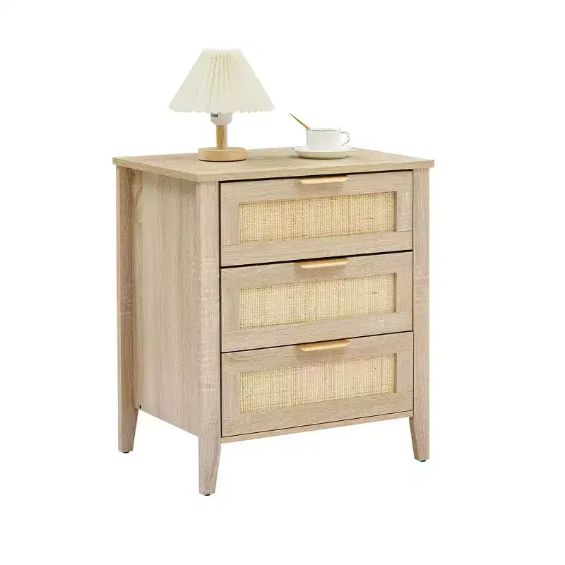 Table de chevet en rotin, Table de chevet avec 3 tiroirs en rotin naturel, Table de chevet avec pieds en bois robustes, Table d'appoint moderne avec tiroirs de rangement