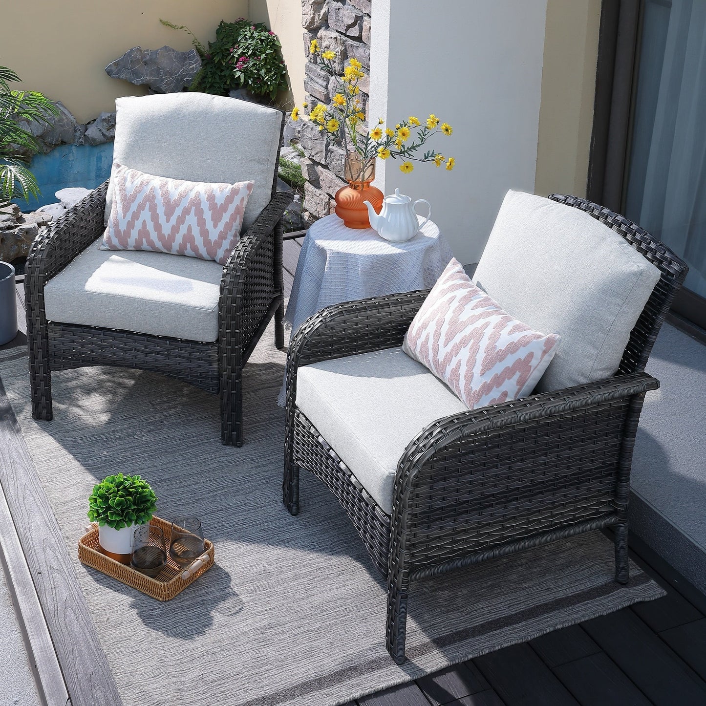 HOOOWOOO Ensemble de 2 chaises en rotin tressé pour terrasse extérieure
