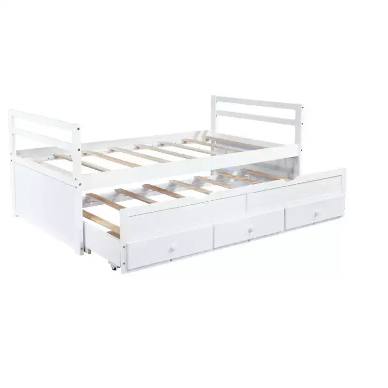 Lit de repos double avec lit gigogne et trois tiroirs de rangement, Lit plateforme en bois avec tête de lit et pied de lit pour enfants