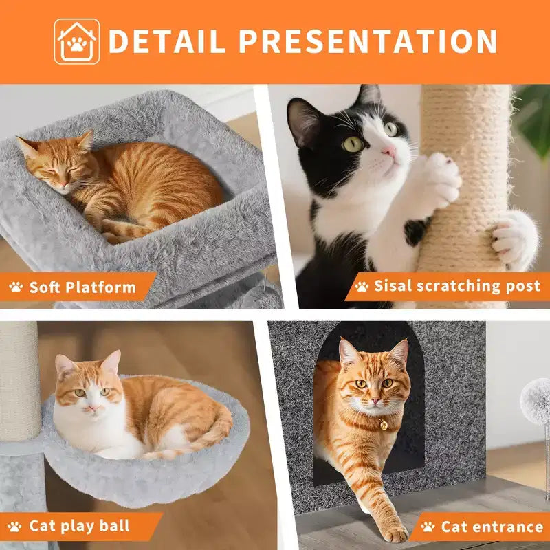 Arbre à chat et tour d'activité moderne 2-en-1 avec cache-litière, meuble pour chat tout-en-un, maison en bois avec espace litière caché pour chaton, avec hamac et poteaux à griffer