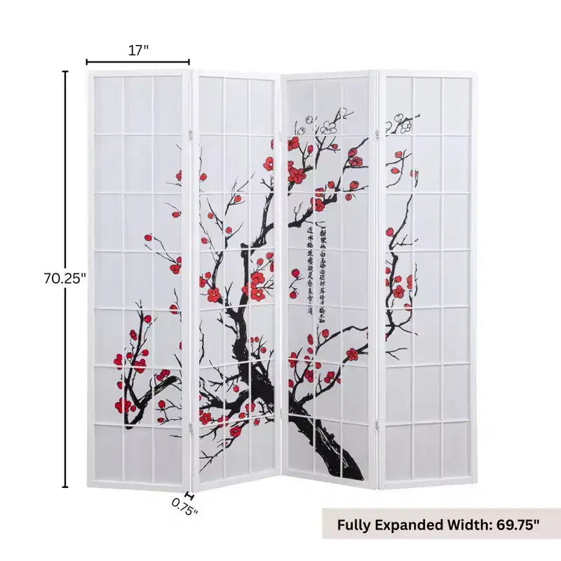 Séparateur de pièce Roundhill Furniture à 4 panneaux japonais, motif fleur de prunier