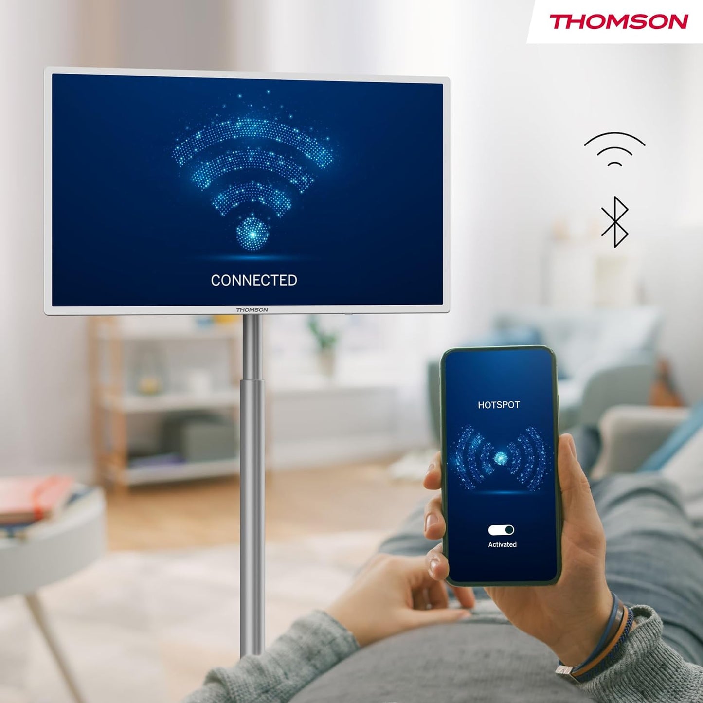 THOMSON Go TV 32 Pouces (81 cm), téléviseur Android Portable – HD Ready (1366x768), Commande vocale, Netflix, Disney,Google,Bluetooth 5.1, Wi-FI, Fonction Hotspot, autonomie Jusqu’à 4 Heures