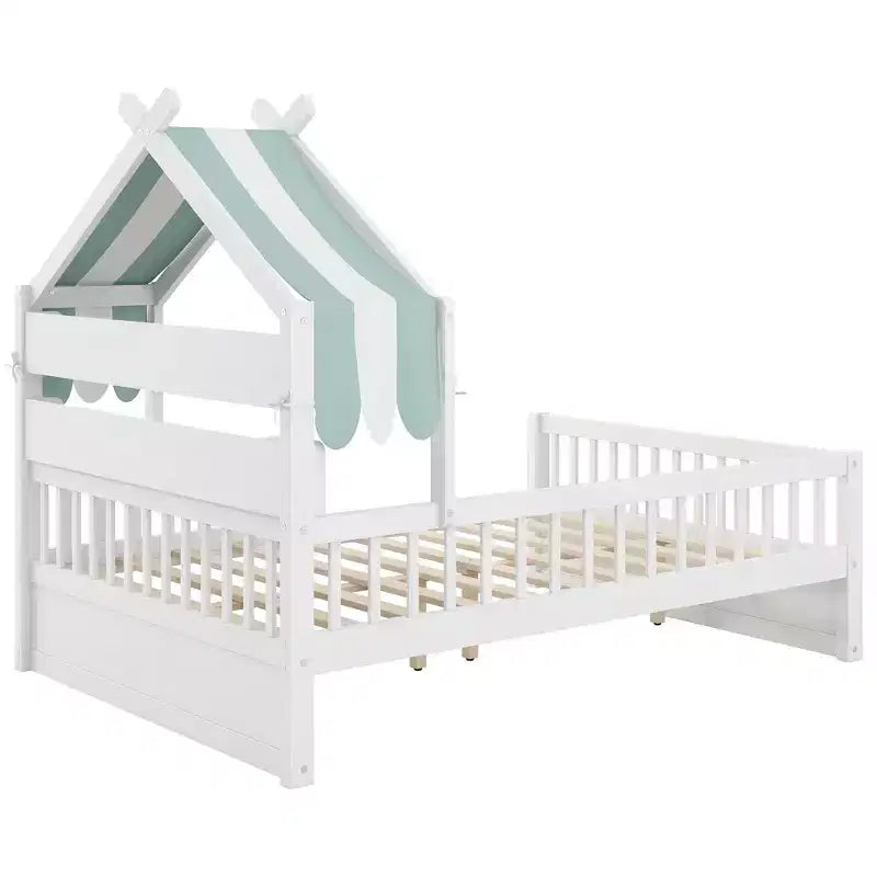 Lit cabane en bois ModernLuxe (taille lit simple/double) avec tête de lit de rangement, cadre de lit pour enfants en pin massif avec barrières de sécurité
