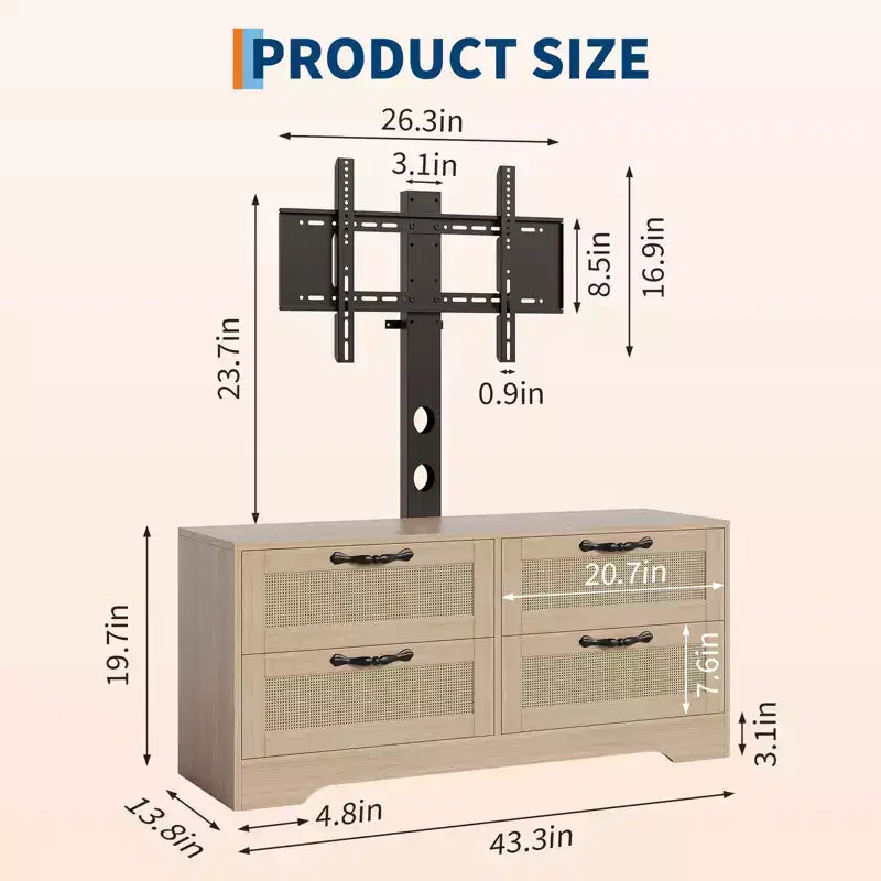 Meuble TV bahut de style campagnard pour téléviseurs jusqu'à 70'', 4 tiroirs, portes en rotin, meuble de rangement en bois, console média pour chambre ou salon