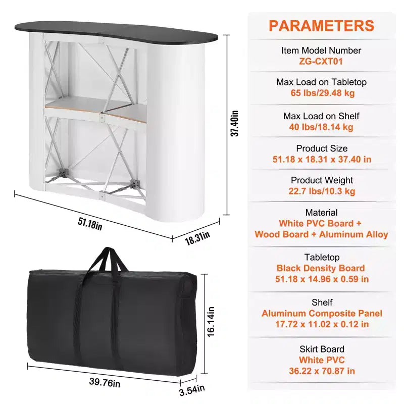 Table de podium portable VEVOR pour salon professionnel, comptoir d'exposition avec mur, table de bar de promotion pliable, podium escamotable, blanc