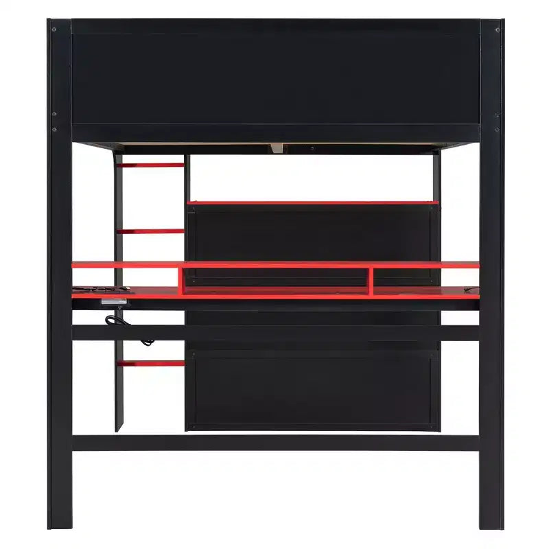 Lit mezzanine double Luxystar avec bureau réglable lumineux, armoire ouverte et bibliothèque