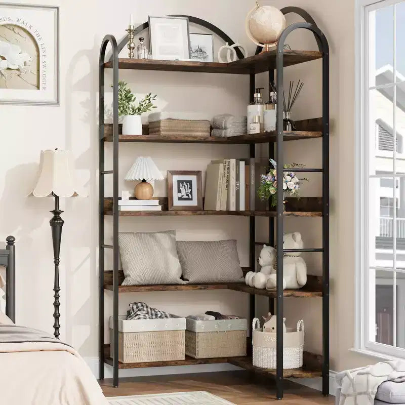 Bibliothèque d'angle à 5 niveaux, étagère industrielle en bois avec cadre en métal, étagères ouvertes de rangement pour livres pour salon, chambre à coucher, bureau à domicile