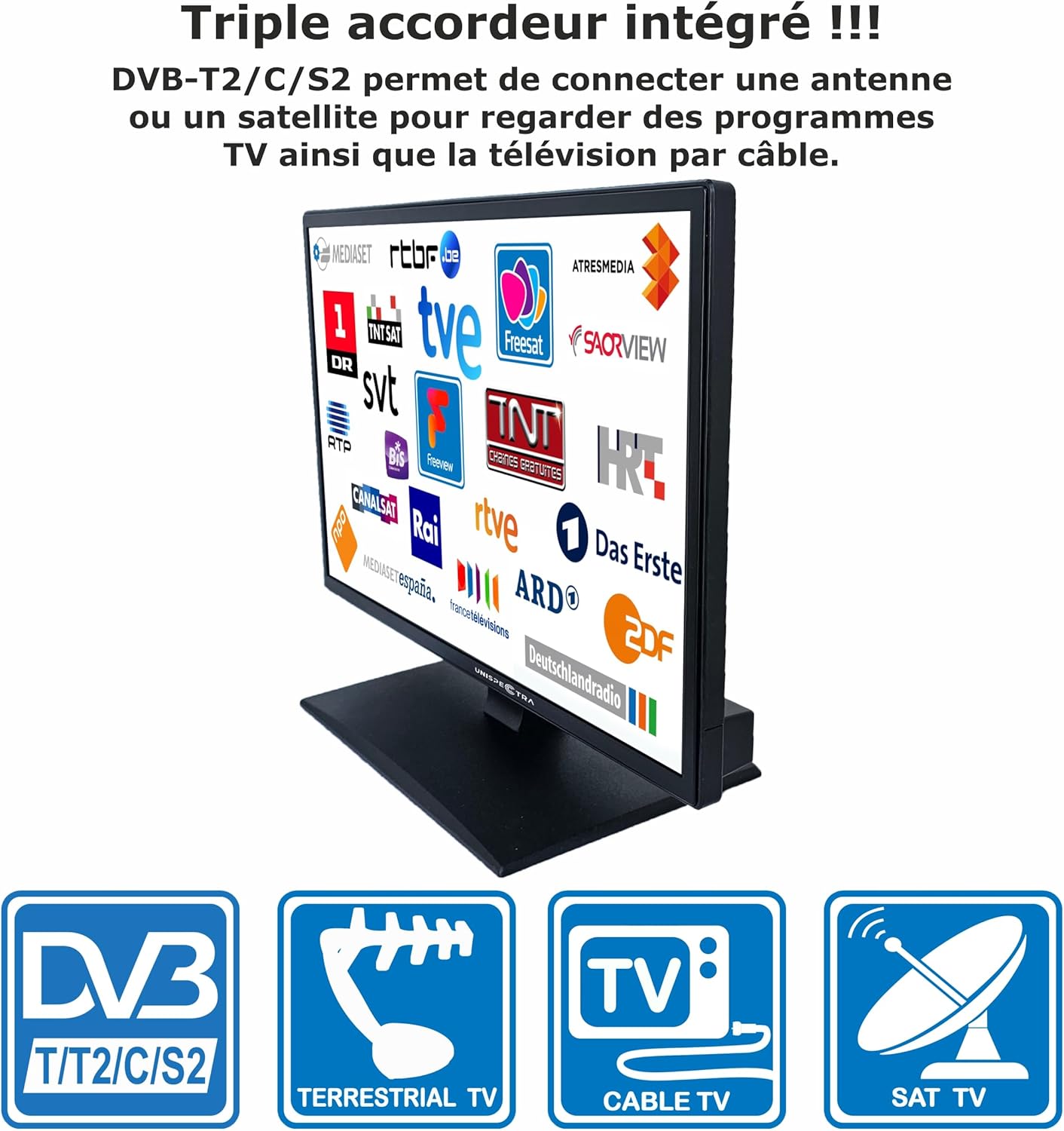 Unispectra 19” Smart TV (webOS) avec Télécommande Magique 12v HDR 230v 24v TV TNT et Tuner Sat 3xHDMI 2xUSB. Téléviseurs 12V pour Camping-Cars, caravanes, fourgonnettes, Bateaux