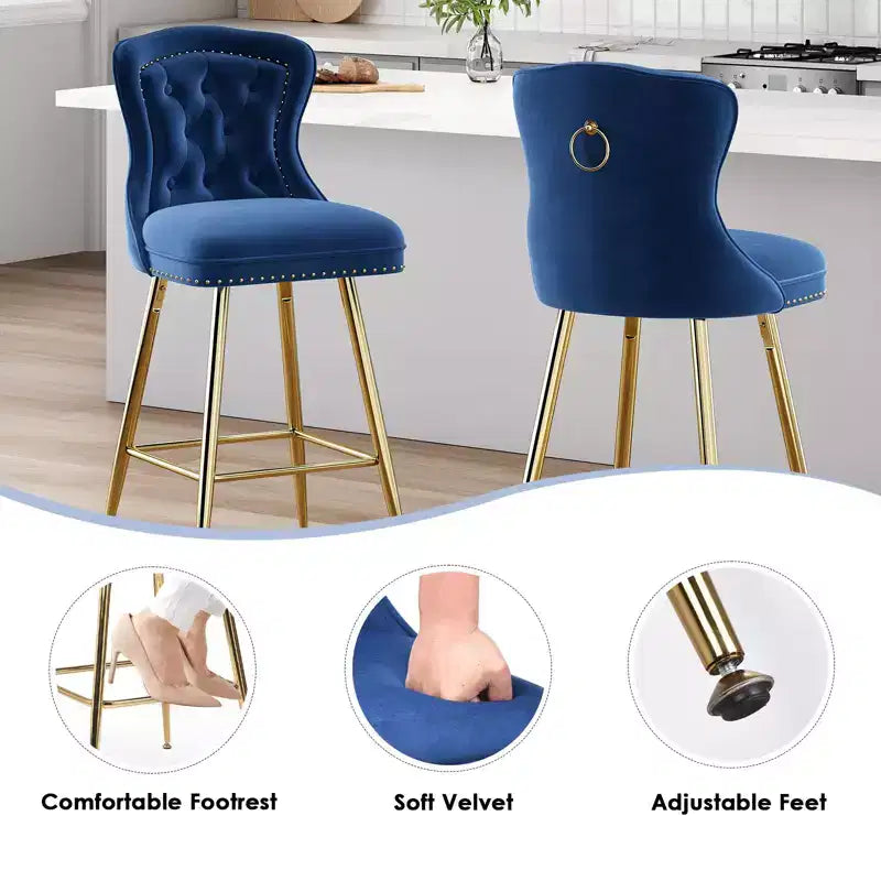 PexFix Lot de 2 tabourets de bar en velours, hauteur comptoir, pieds en métal, dossier ailé capitonné avec boutons et clous décoratifs, couleur bleue