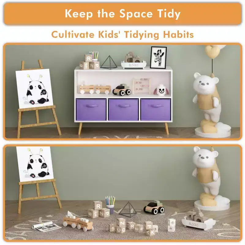 Commode de chambre Okak avec 3 tiroirs en tissu pliable, grand placard de rangement pour jouets, étagère à livres pour enfants pour couloir et chambre d'enfant