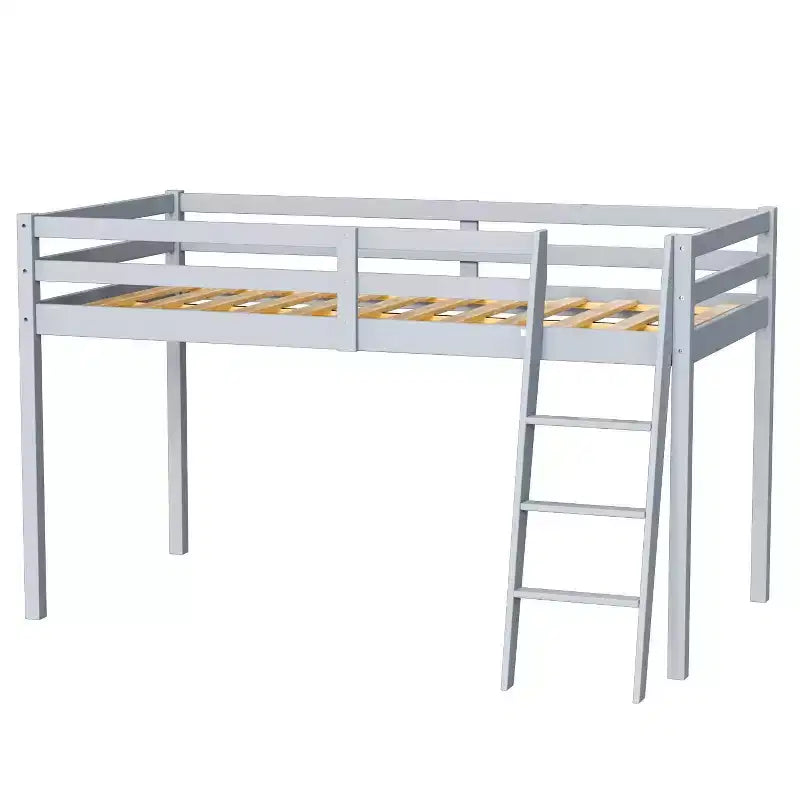 Lit mezzanine Karl Home Gray Wood Junior avec escalier pleine grandeur pour adultes, enfants et jeunes adolescents