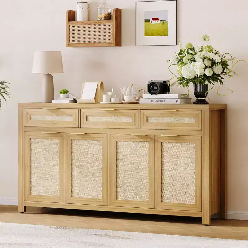 Buffet de salle à manger avec rangement de 160 cm, Bahut de style rustique avec bar à café, 3 tiroirs, 4 portes et étagères réglables pour salle à manger et cuisine
