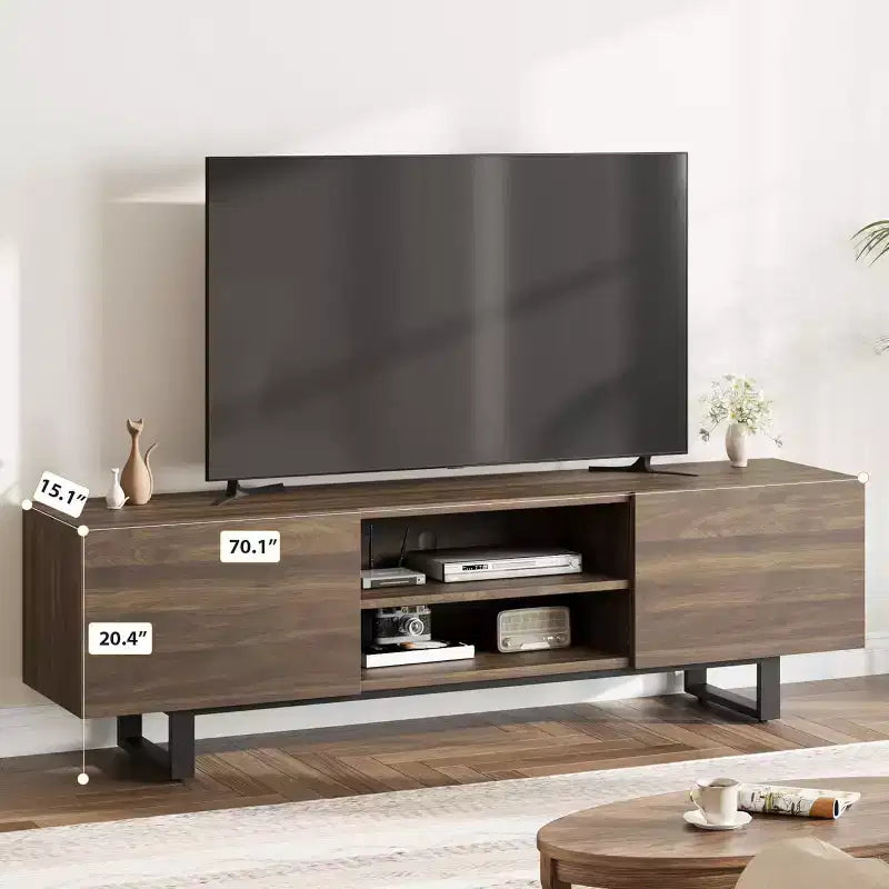 Meuble TV industriel de 75 pouces avec 2 tiroirs, console média en bois robuste pour salon et chambre à coucher