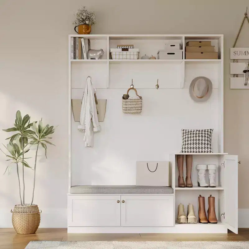 Banc et Rangement à Chaussures, Banc d'entrée de Ferme 3-en-1 avec Porte-Manteau, 4 Crochets, 4 Casiers à Chaussures et 3 Compartiments Ouverts, pour Entrée, Vestiaire