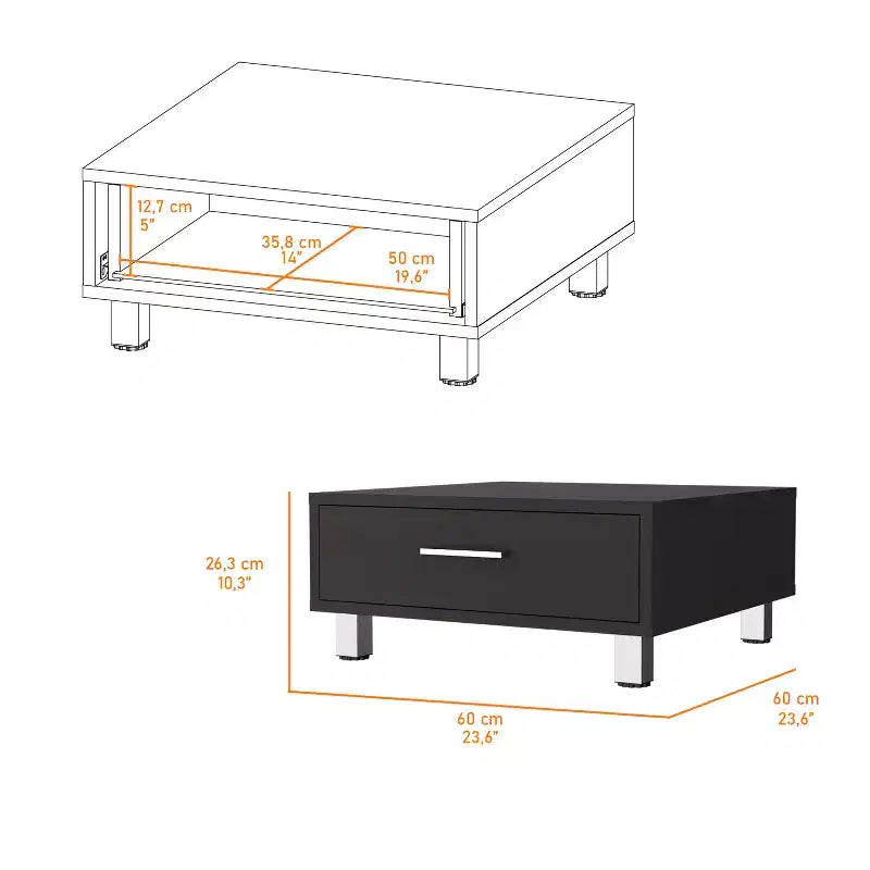 Table basse rectangulaire Wengé avec 1 tiroir, quatre pieds en métal, poignée en métal, plateau supérieur, table d'appoint pour salon