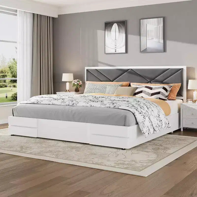Cadre de lit tapissé GustoWave double/grand lit/très grand lit pour chambre à coucher, tête de lit moelleuse à capitonnage, support à lattes en bois, blanc