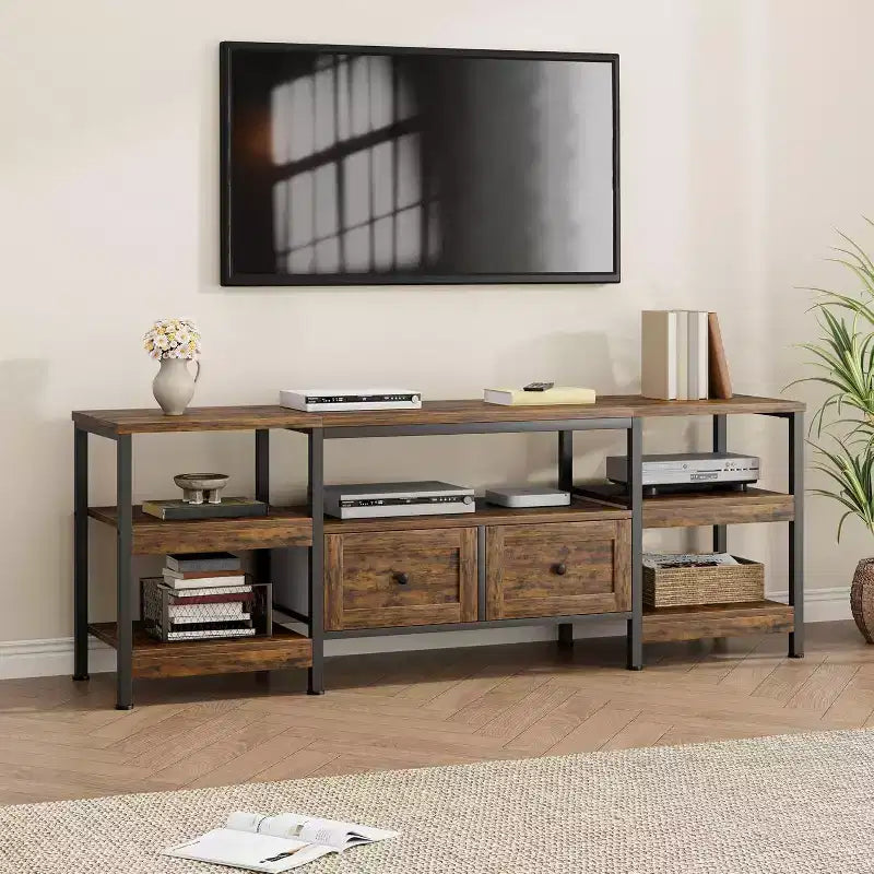 Meuble TV rustique de 180 cm avec rangement - Pour téléviseurs jusqu'à 75 pouces, 2 tiroirs et étagères ouvertes, meuble TV de style industriel avec cadre en métal