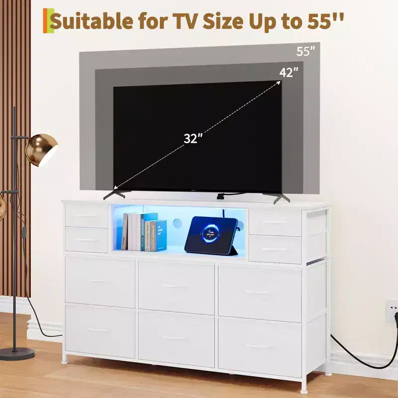 Commode de rangement à 10 tiroirs avec support TV, bande lumineuse LED et prises électriques, commode en tissu avec plateau en bois, meuble TV pour téléviseur de 55 pouces, commode de rangement