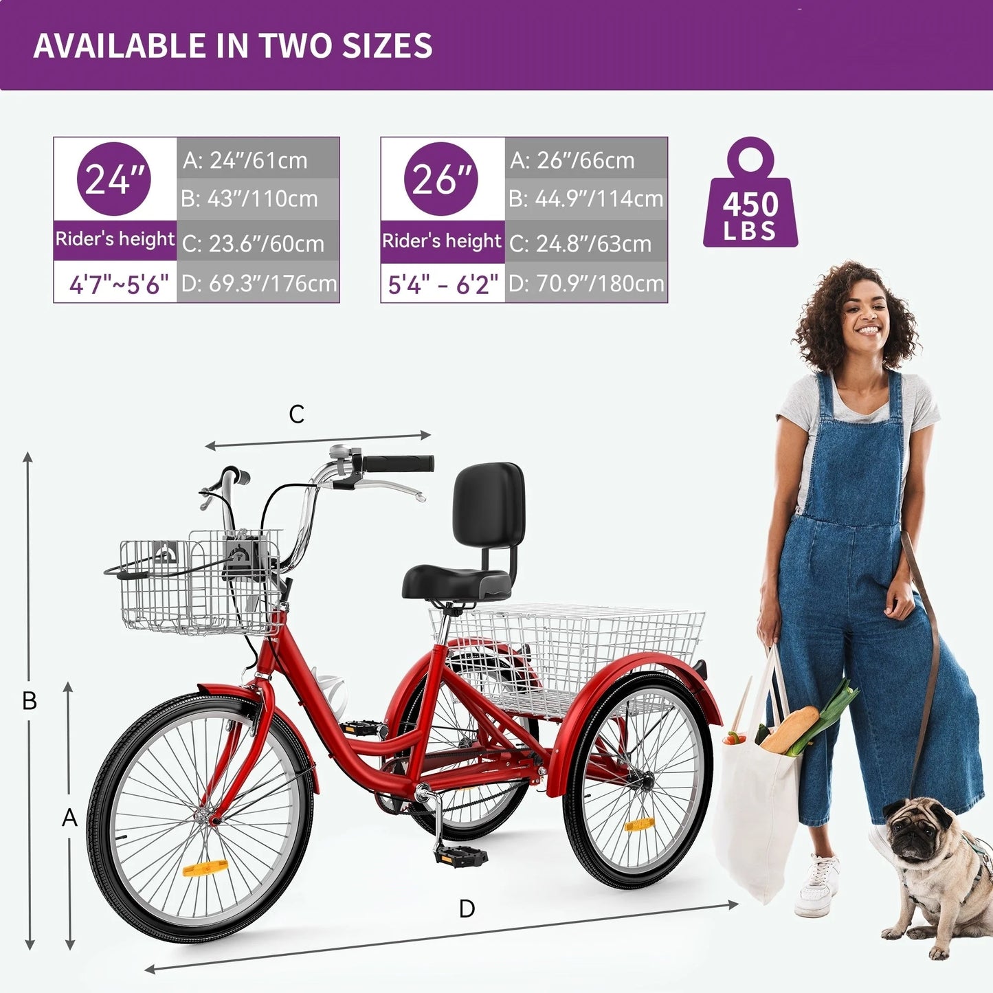 Tricycle adulte bleu 26 pouces à 3 roues avec paniers amovibles