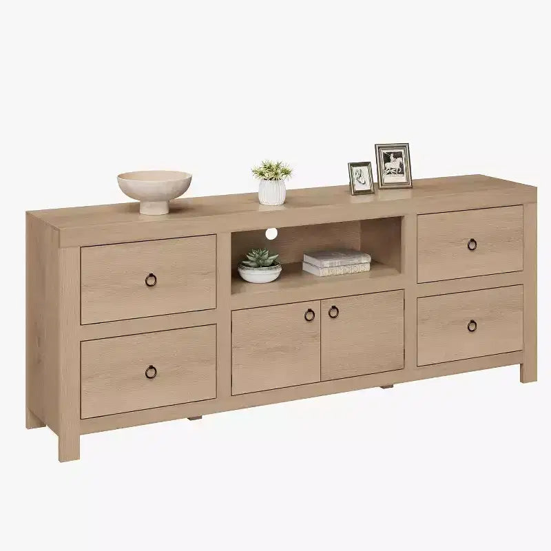 Meuble TV blanc de style ferme pour téléviseurs 75-80 pouces - Console média longue de 70 pouces avec 6 tiroirs et étagère pour barre de son pour salons, chambres à coucher