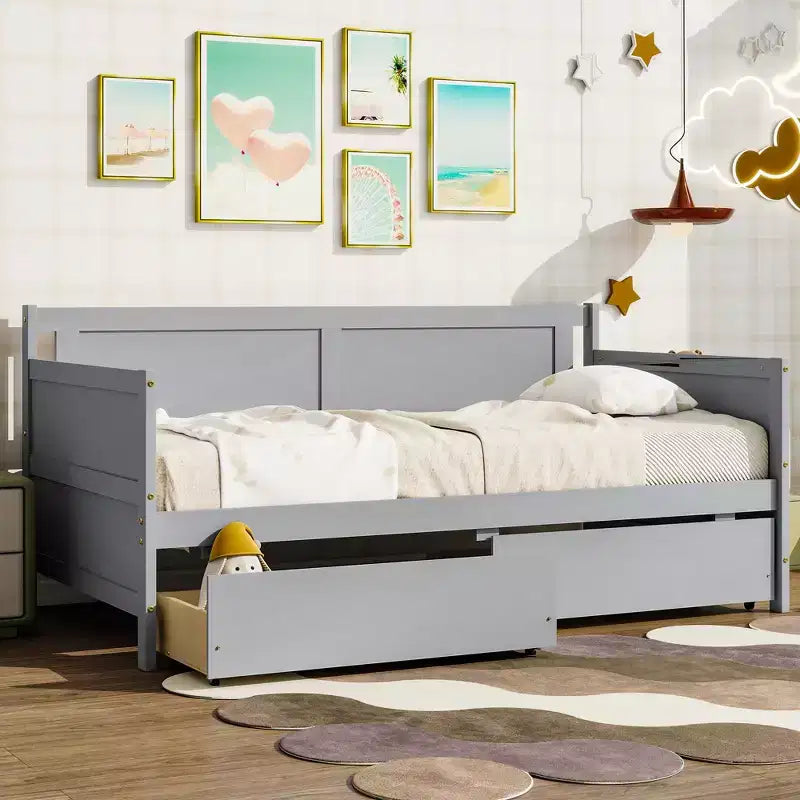 Lit de repos double avec deux tiroirs de rangement, Lit plateforme en bois avec rangement pour chambre à coucher