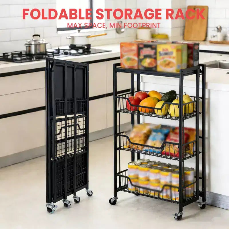 Chariot de Rangement de Cuisine Pliable à 3 Niveaux, Cadre et Étagères en Fer, Organisateur de Garde-Manger Gain de Place pour Fruits, Collations, Chariot de Service avec Roulettes Verrouillables