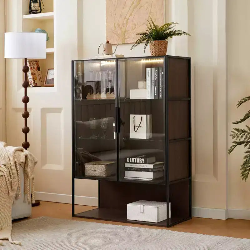 CLIHOME Vitrine haute lumineuse de 130 cm avec porte en verre trempé et cadre en métal, meuble de curiosités à LED