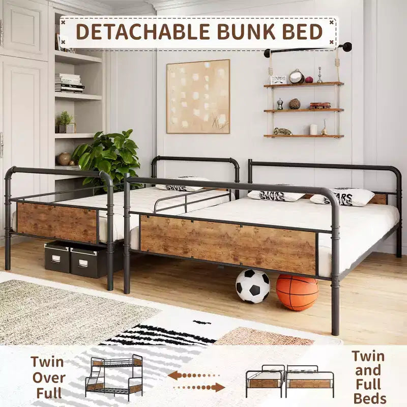 Lit superposé double avec lit inférieur double et barrière de sécurité haute, lits superposés convertibles en métal de taille double pour enfants/adolescents, montage facile, aucun sommier tapissier requis