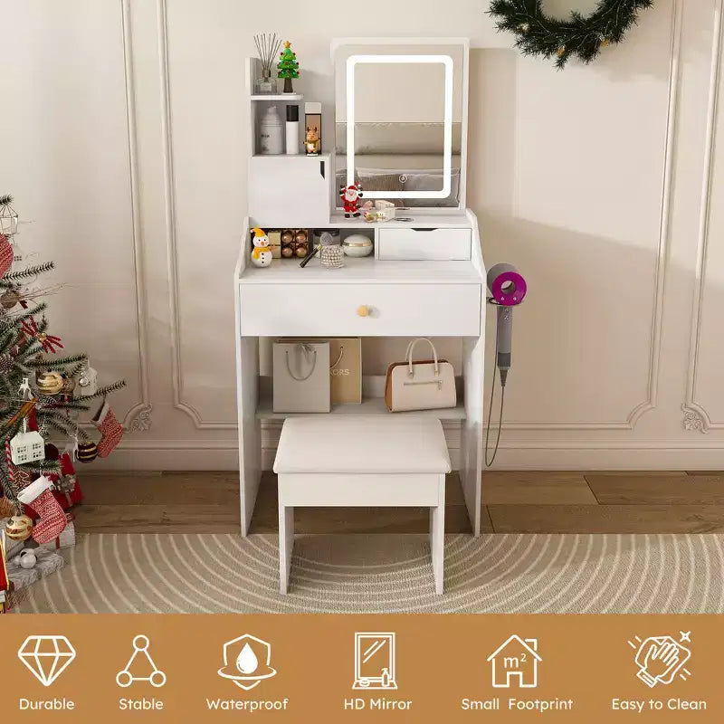 Coiffeuse JVNOXK avec miroir lumineux LED et prise électrique, 3 tiroirs, 7 étagères et tabouret de rangement, convient aux femmes, blanc