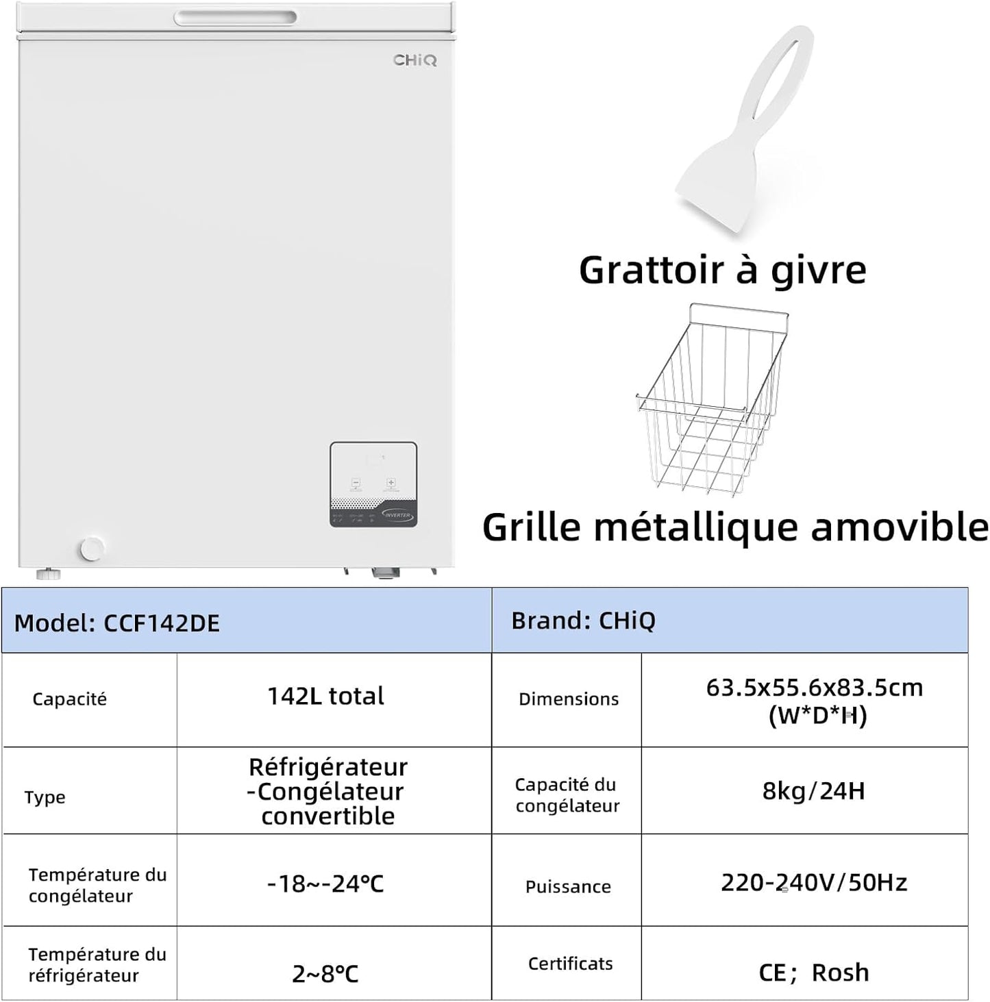 Congélateur coffre CHiQ 142L, 63,5 x 55,6 x 83,5cm, Congélateur Inverter, Affichage de la température extérieure, Mode de congélation rapide -32℃, Grille métallique,Faible bruit