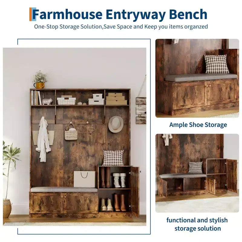 Banc et Rangement à Chaussures, Banc d'entrée de Ferme 3-en-1 avec Porte-Manteau, 4 Crochets, 4 Casiers à Chaussures et 3 Compartiments Ouverts, pour Entrée, Vestiaire