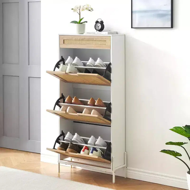 Meuble à chaussures avec 3 tiroirs basculants et 1 tiroir, Organisateur à chaussures en rotin dissimulé avec pieds en métal