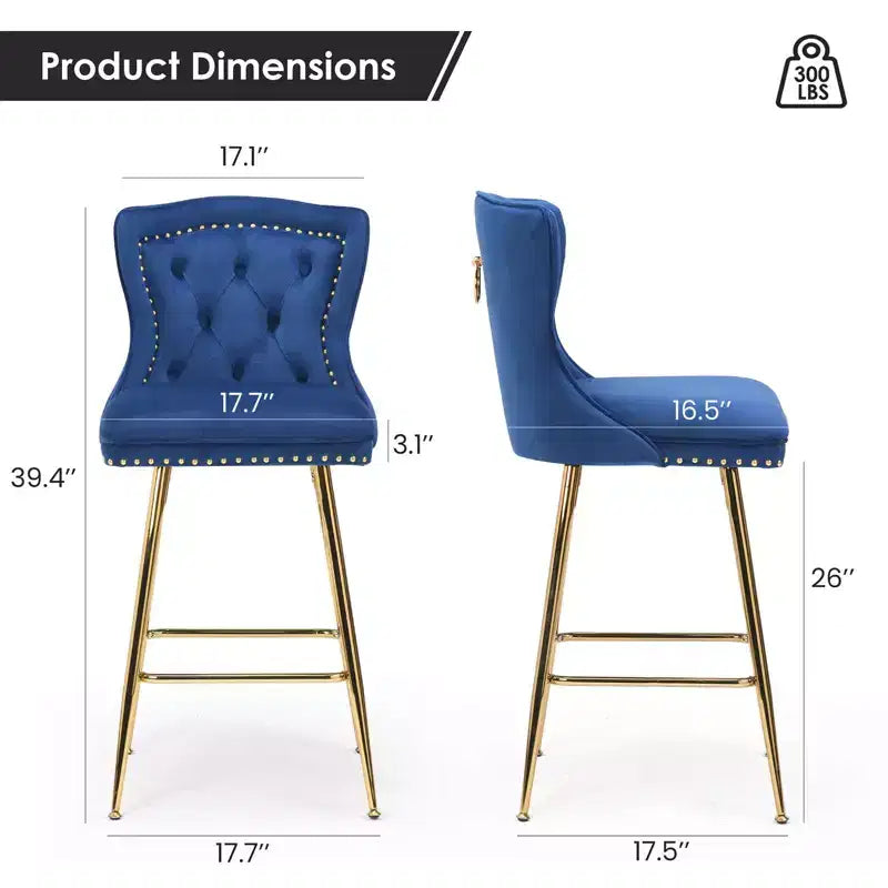 PexFix Lot de 2 tabourets de bar en velours, hauteur comptoir, pieds en métal, dossier ailé capitonné avec boutons et clous décoratifs, couleur bleue
