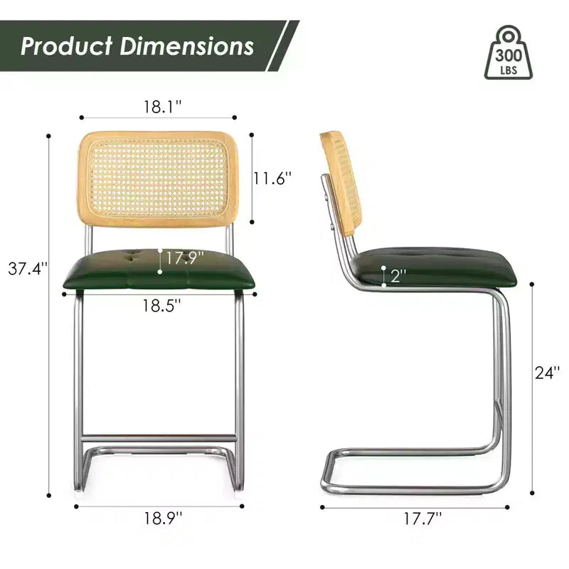 PexFix Lot de 2 tabourets de bar à hauteur de comptoir, en cuir PU rembourré, avec dossier en rotin, hauteur 61 cm, sans accoudoirs, pour îlot de cuisine, vert