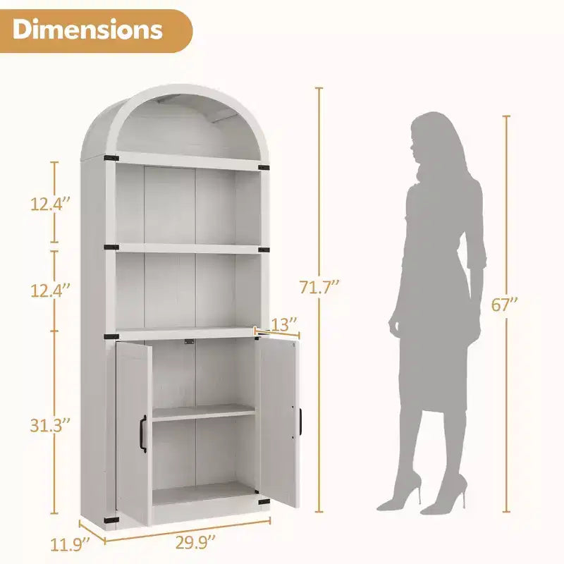 Bibliothèque GustoWave avec portes, étagère arquée de 182 cm de haut, meuble de rangement de style ferme avec étagères, bibliothèques en bois pour bureau à domicile
