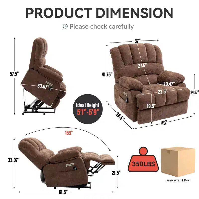 CLIHOME Fauteuil inclinable électrique releveur en chenille grande taille, largeur d'assise 23 pouces et dossier haut, avec massage vibrant 8 points et chauffage lombaire