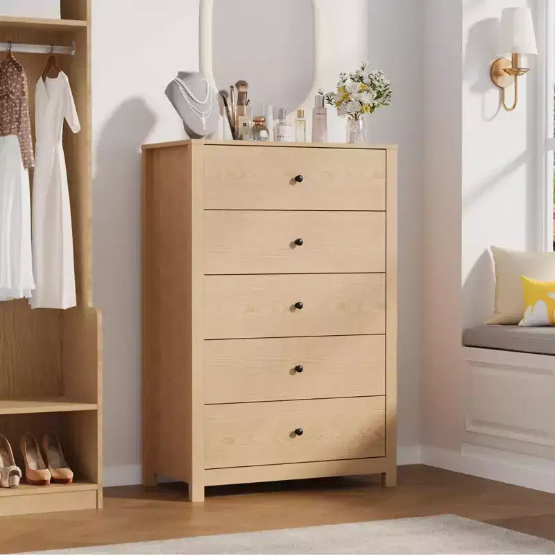 Commode moderne à 5 tiroirs avec rangement profond, coffre en bois élégant pour chambre à coucher, salon, entrée, offrant un grand espace pour une décoration intérieure organisée