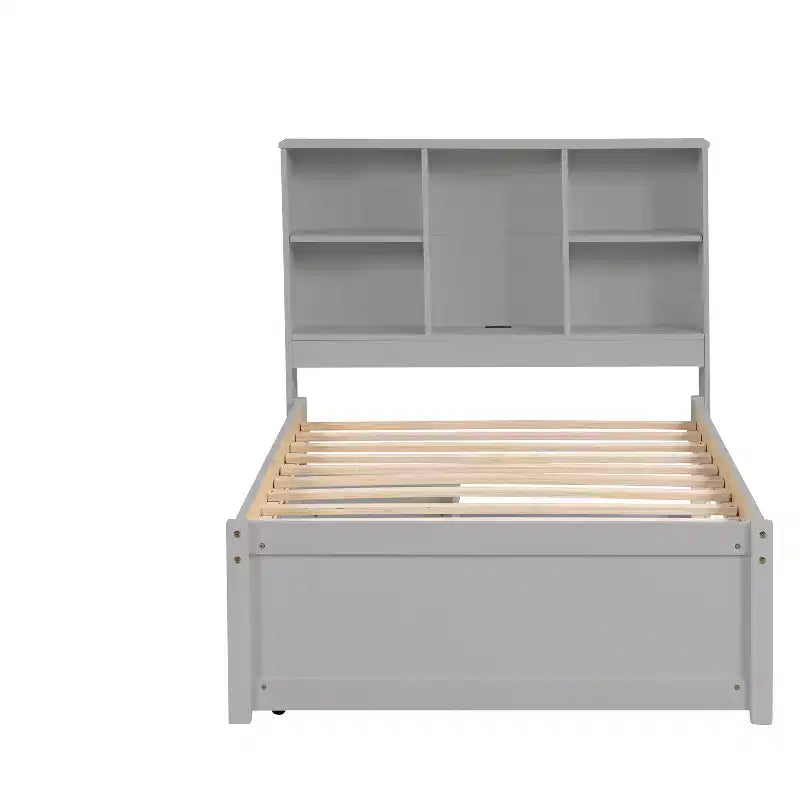 Bellemave Lit plateforme jumeau avec tête de lit bibliothèque et 2 tiroirs de rangement, lit plateforme en panneau de particules avec port de chargement USB