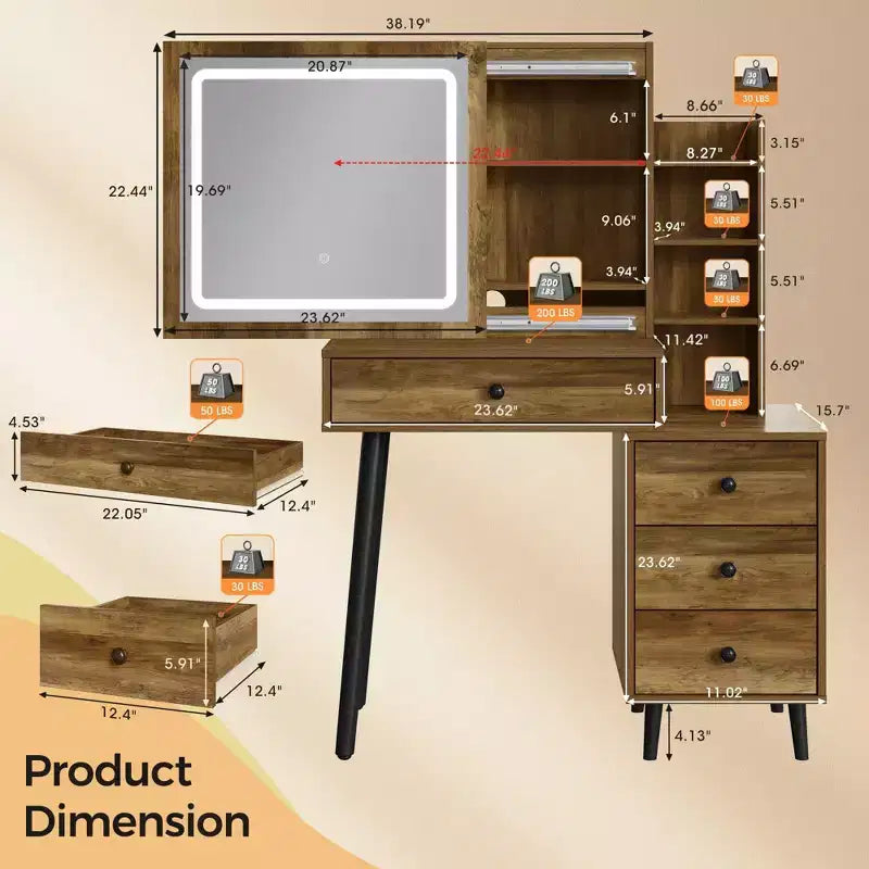 Coiffeuse avec miroir lumineux, table de maquillage Hollywood 3 couleurs dimmable avec 4 tiroirs