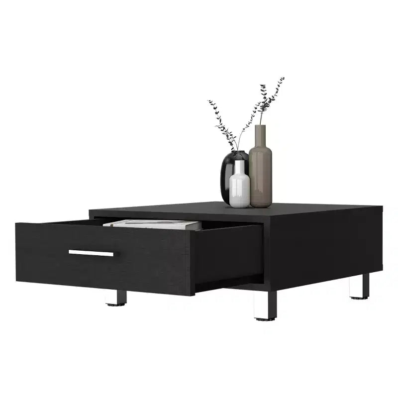 Table basse rectangulaire Wengé avec 1 tiroir, quatre pieds en métal, poignée en métal, plateau supérieur, table d'appoint pour salon