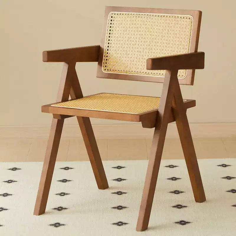 Lot de 2 chaises de salle à manger Okak en bois massif, chaises de salle à manger avec dossier en rotin et accoudoirs, chaises d'appoint de cuisine simples pour table de salon