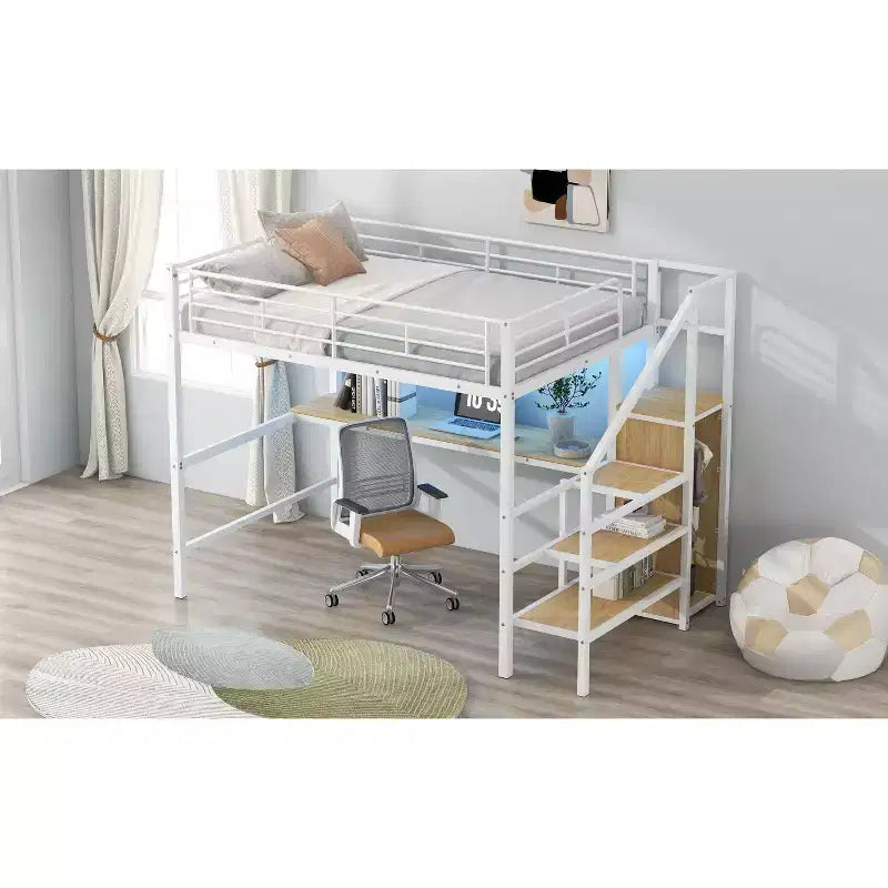Okak Lit superposé en métal grandeur nature avec bureau et escalier de rangement et barrière de sécurité Lit mezzanine avec petite armoire et LED pour enfants adolescents Assemblage facile