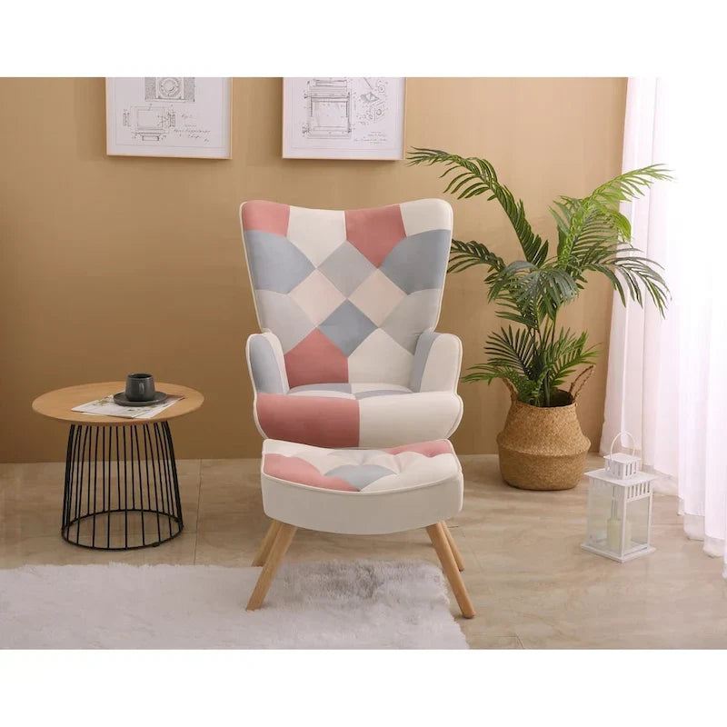 Fauteuil d'appoint avec pouf, ensemble fauteuil et pouf de salon, fauteuil d'appoint confortable pour chambre à coucher, surface en tissu à épissures créatives