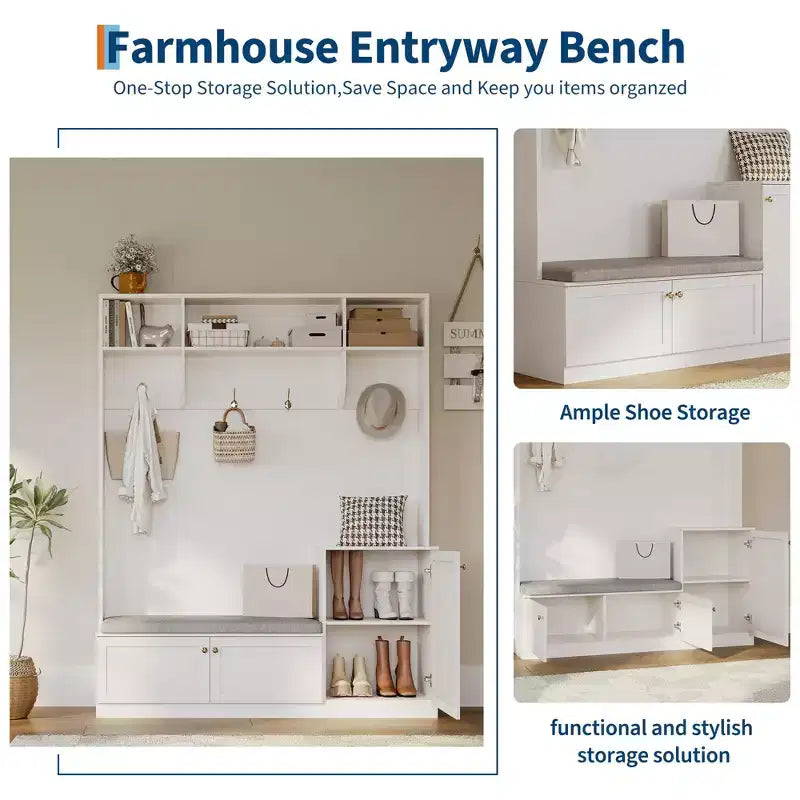 Banc et Rangement à Chaussures, Banc d'entrée de Ferme 3-en-1 avec Porte-Manteau, 4 Crochets, 4 Casiers à Chaussures et 3 Compartiments Ouverts, pour Entrée, Vestiaire