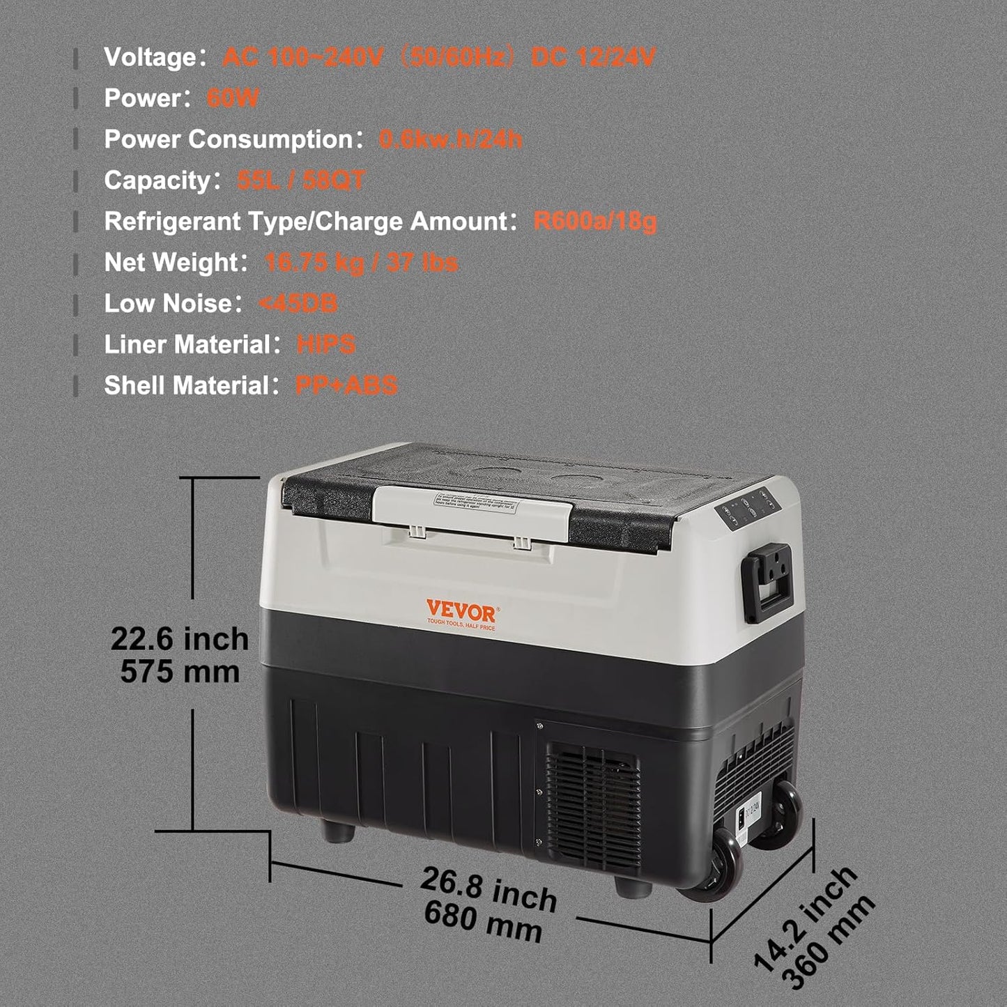 VEVOR Glacière Électrique Portable de 55 L Réfrigérateur de Voiture Portable 12/24 V CC 100-240 V CA Frigo Voiture Double Zone 0,6 kW.h -20 °C à 10 °C Réglable Congélateur pour Camion Bateau Camping