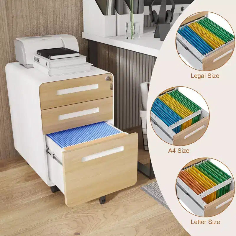 Meuble Classeur Mobile à 3 Tiroirs avec Serrure C Entièrement Assemblé Rangement Sous-Bureau pour Dossiers A4/Lettre/Légal, Conception en Métal Roulant à 5 Roues