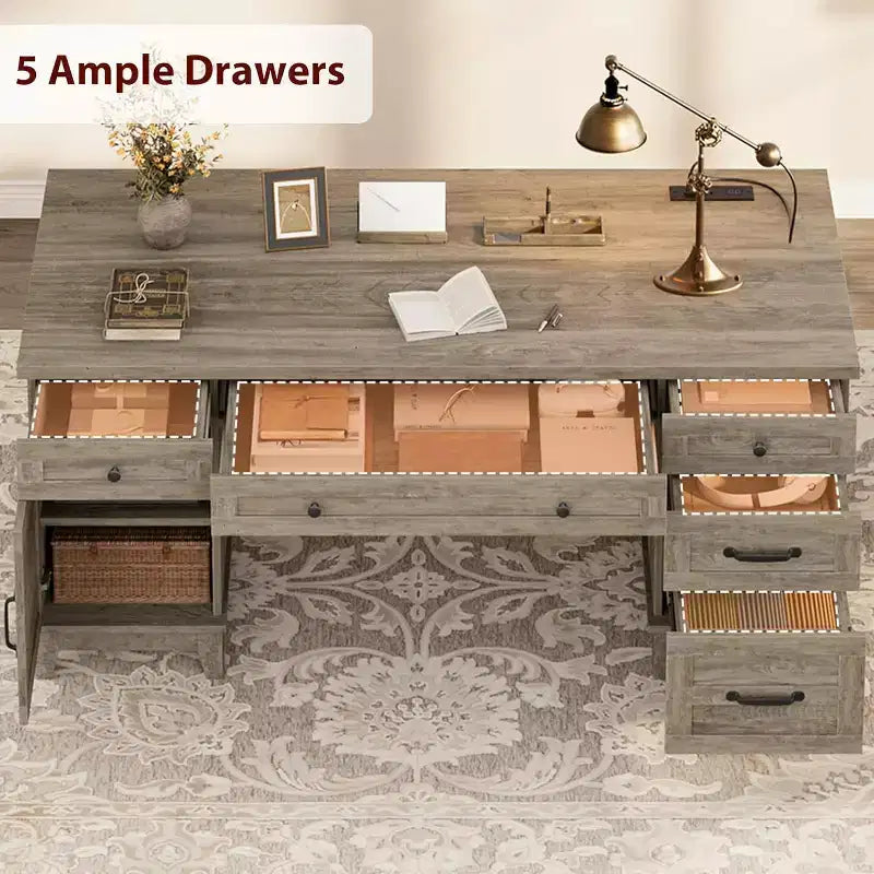 Bureau de direction de 152 cm avec tiroirs, bureau d'ordinateur avec station de charge, bureau d'écriture en bois pour étude, table de conférence pour salon