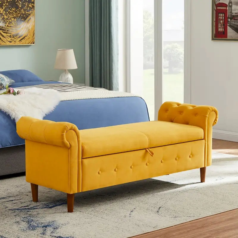 Banc de rangement pour chambre, bout de lit, accoudoirs roulés, canapé ottoman en velours, long banc