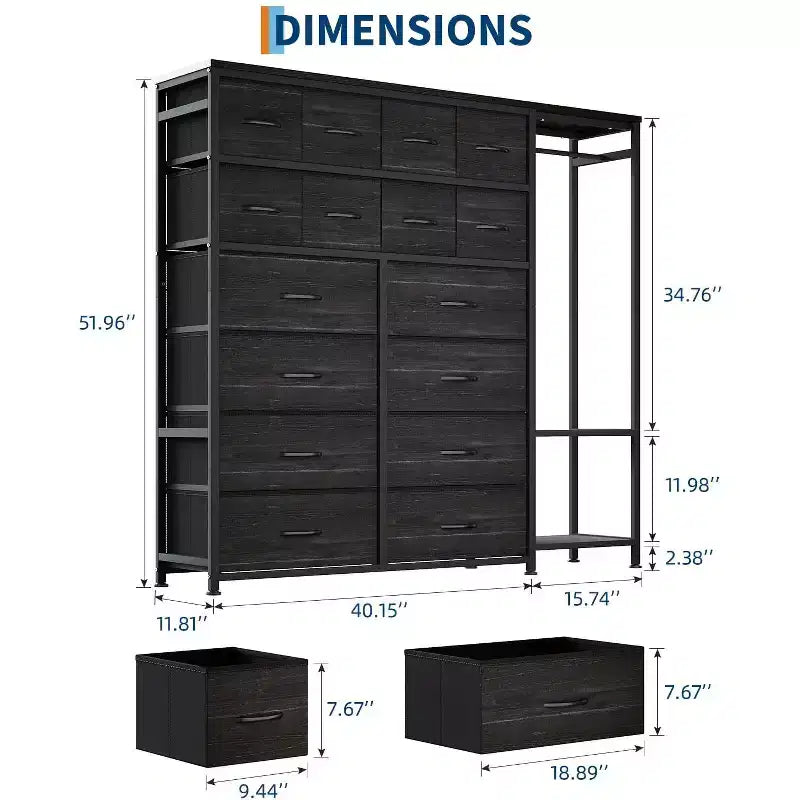 Commode de rangement avec 16 tiroirs, tringle à vêtements et étagères, organisateur de rangement en tissu pour chambre à coucher, placard ou entrée